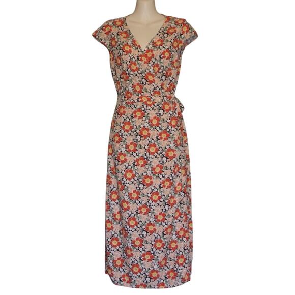 J.Crew Mercantile Orange Floral Wrap Midi Dress-XS - Picture 5 of 13